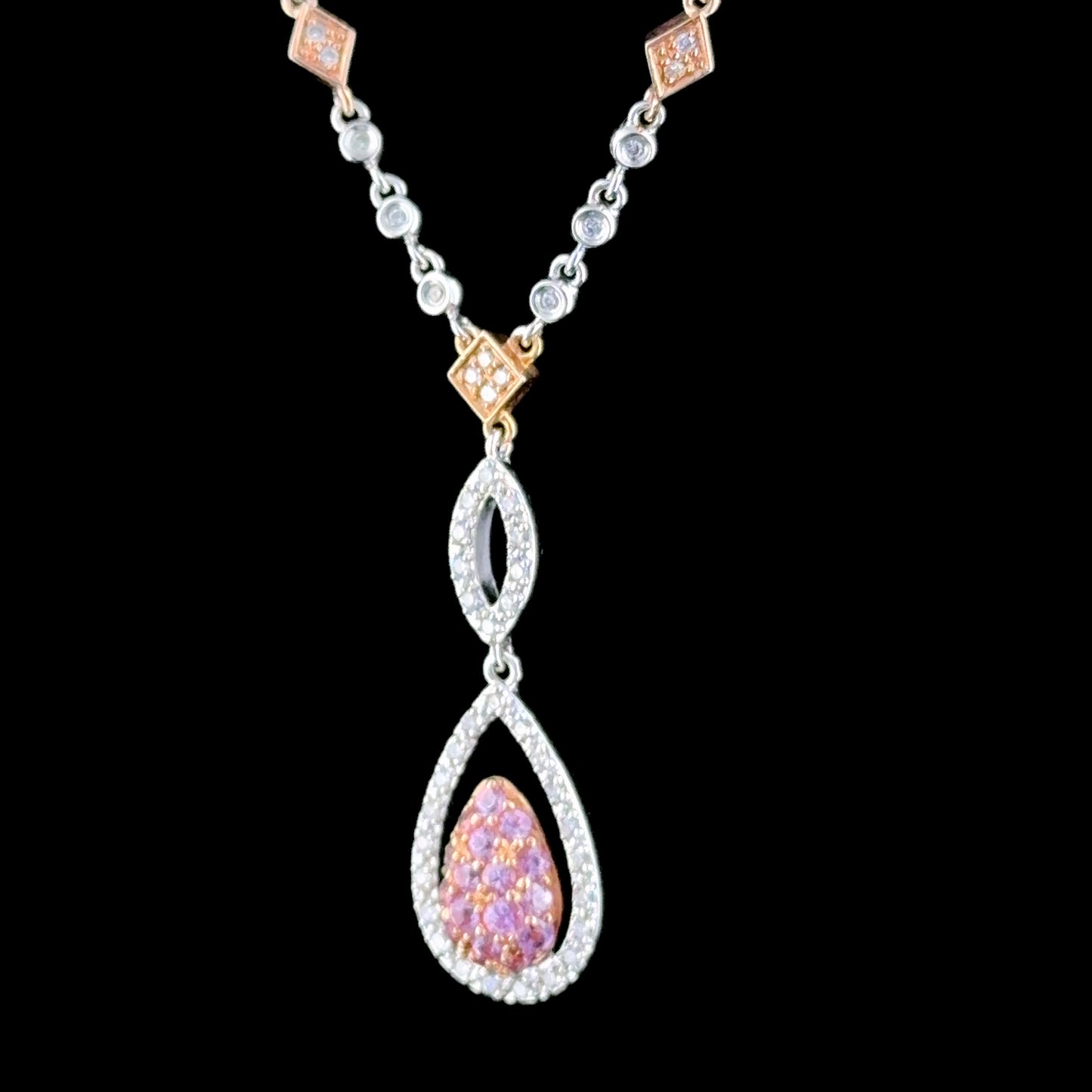Sweet 14 k White & Rose Gold Diamond & Pink Sapphire Drop Pendant & Heart Earring Suite