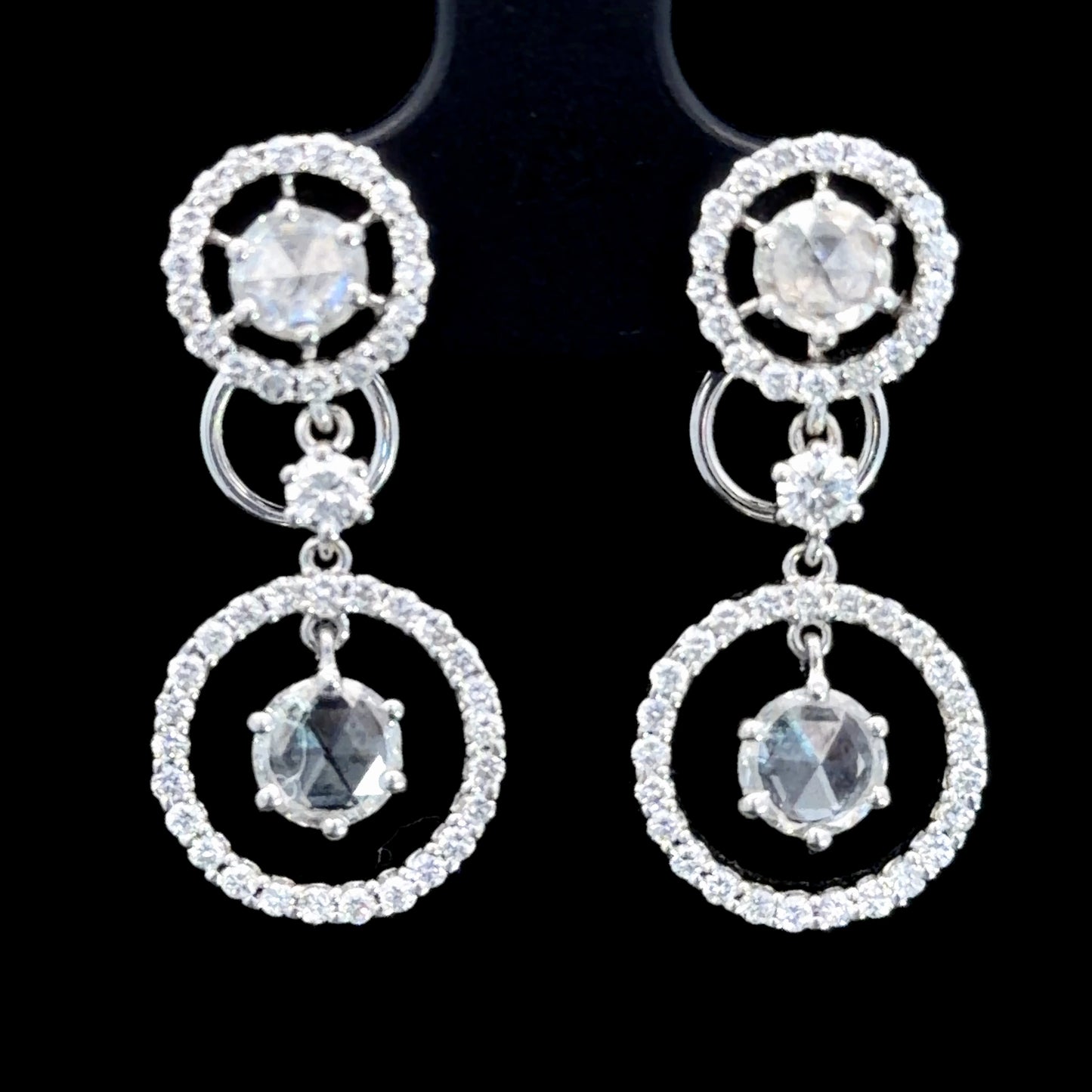 Absolutely Stunning 18k White Gold Rose & Round Cut Diamond Double Halo Drop Stud Earrings Appx. 1.72 Cts Total RRP £5,000
