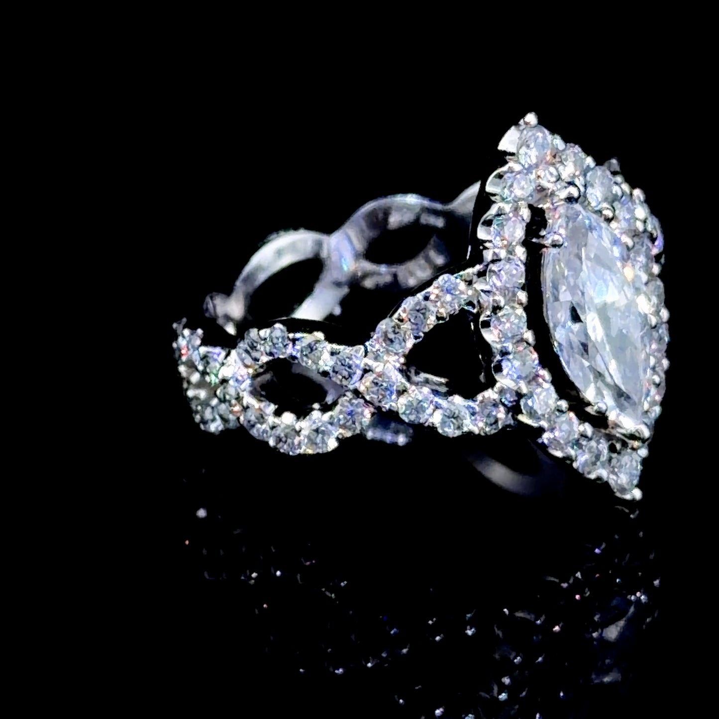 18k White Gold Marquise Diamond Halo Ring With Twisted Shank. 1.01 Cts D VS1
