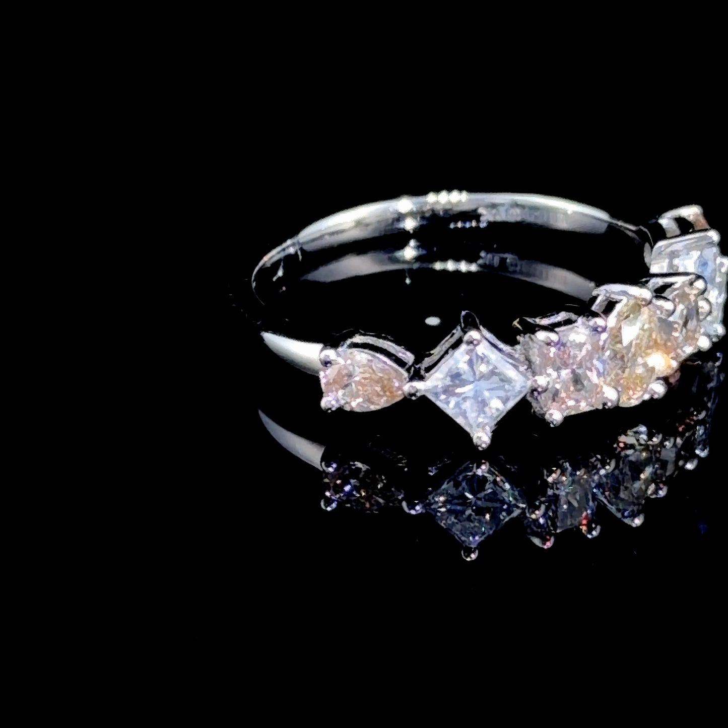 Platinum 7 Stone Diamond Ring Pink Yellow & White Pear, Emerald & Princess Cut stones Appx 1.2Cts