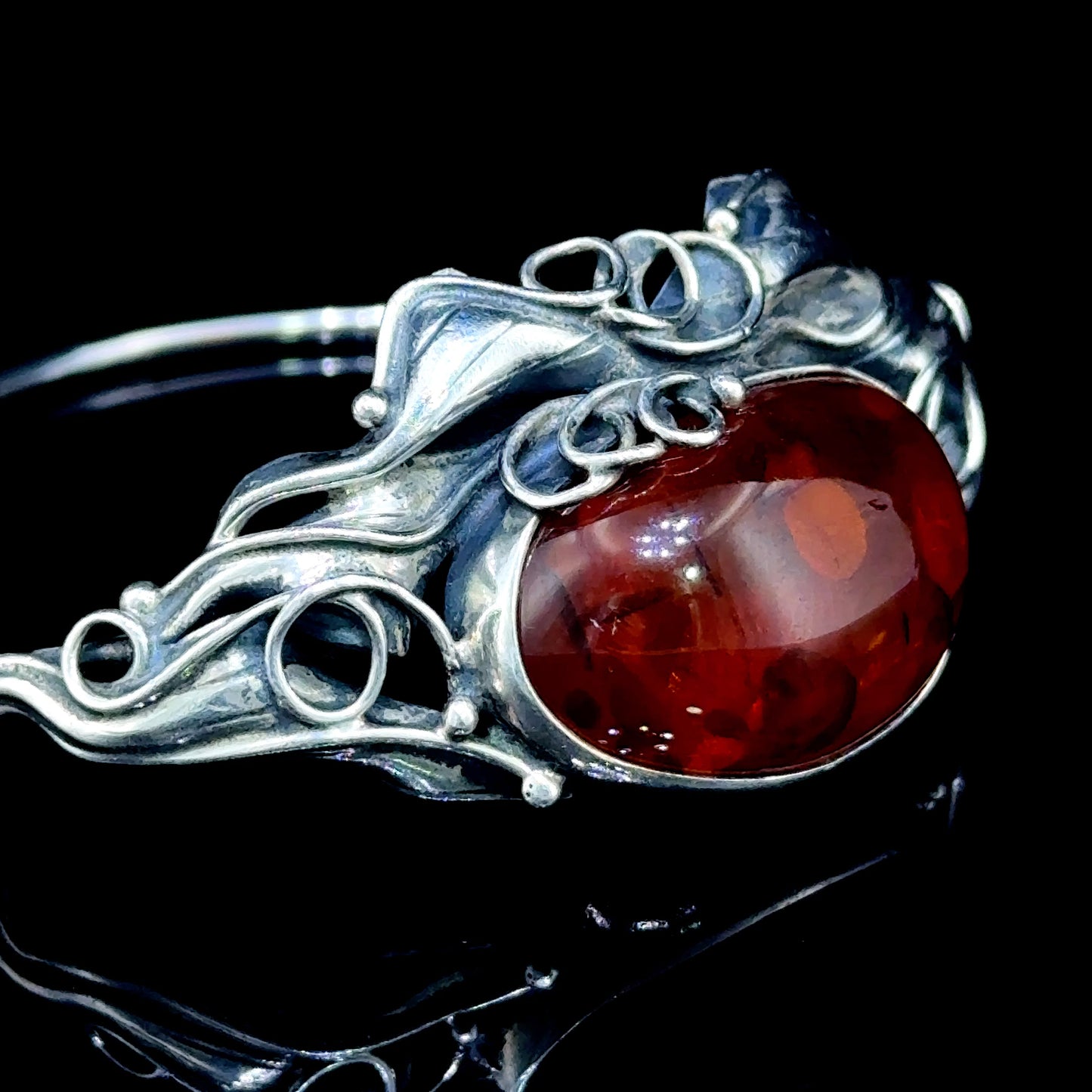 Silver Art Nouveau Baltic Amber Bangle
