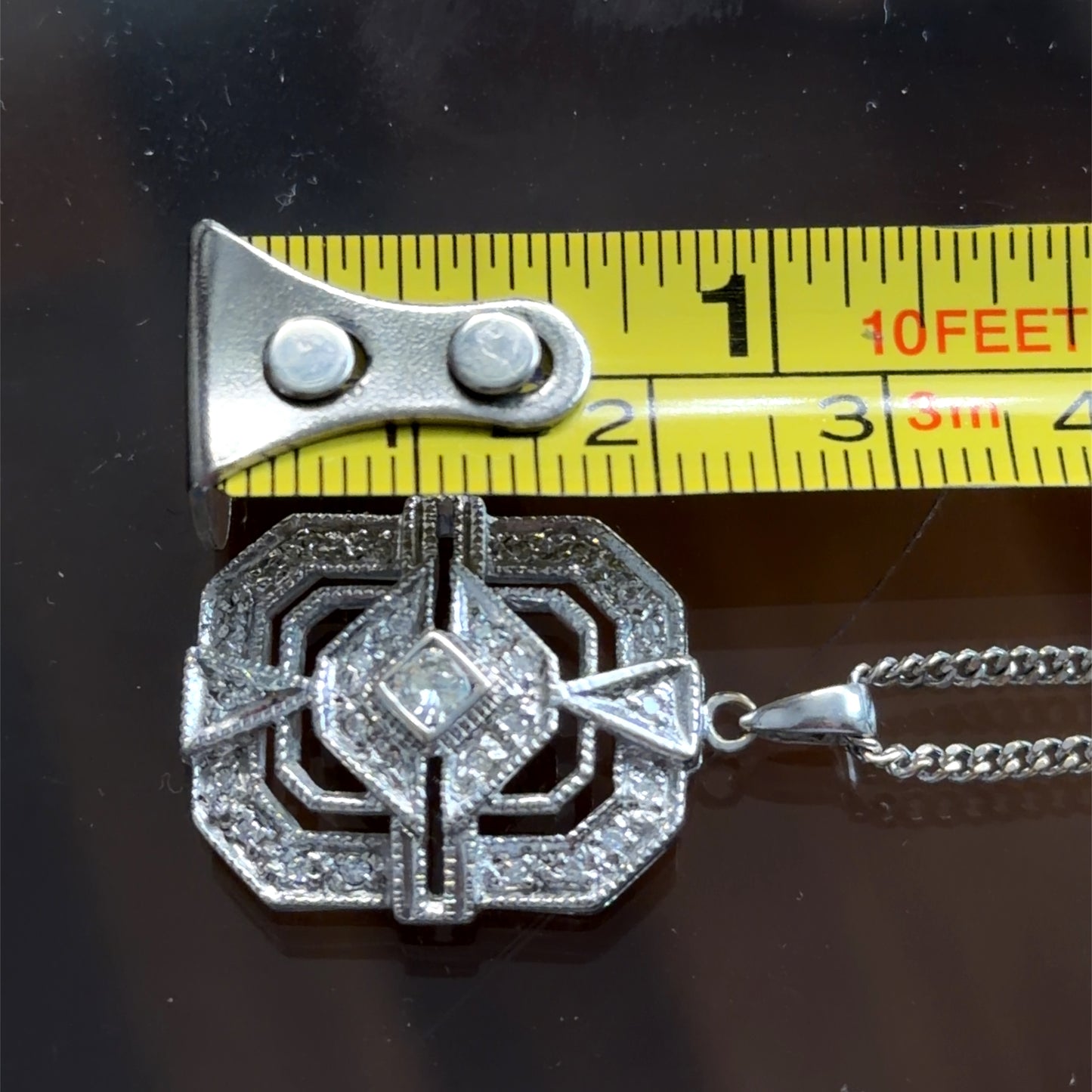 18k White Gold Deco Style Rectangular Diamond Pendant & Chain Appx 0.5 Cts