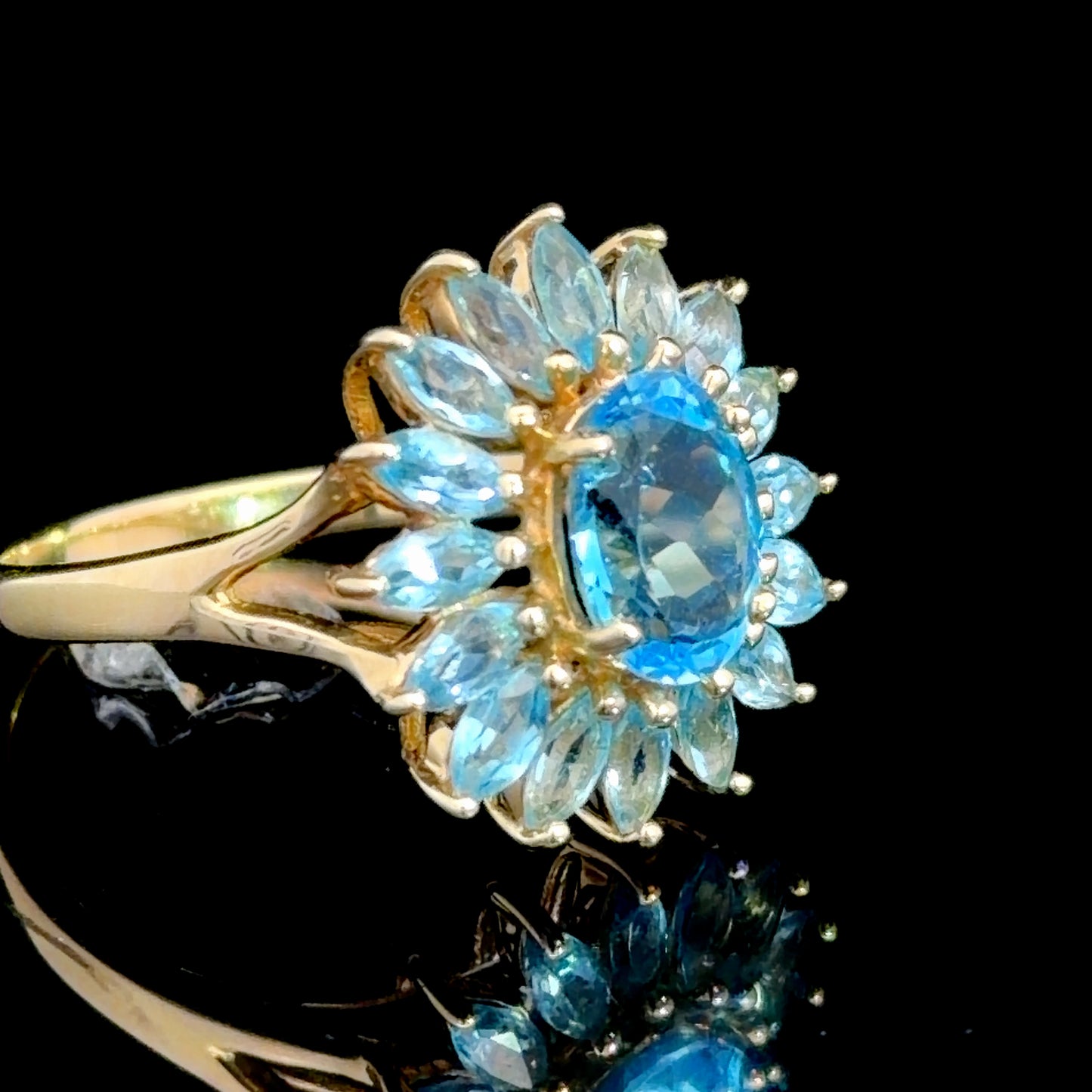 Blue Topaz Floral Cluster Cocktail Ring in 14k Yellow Gold
