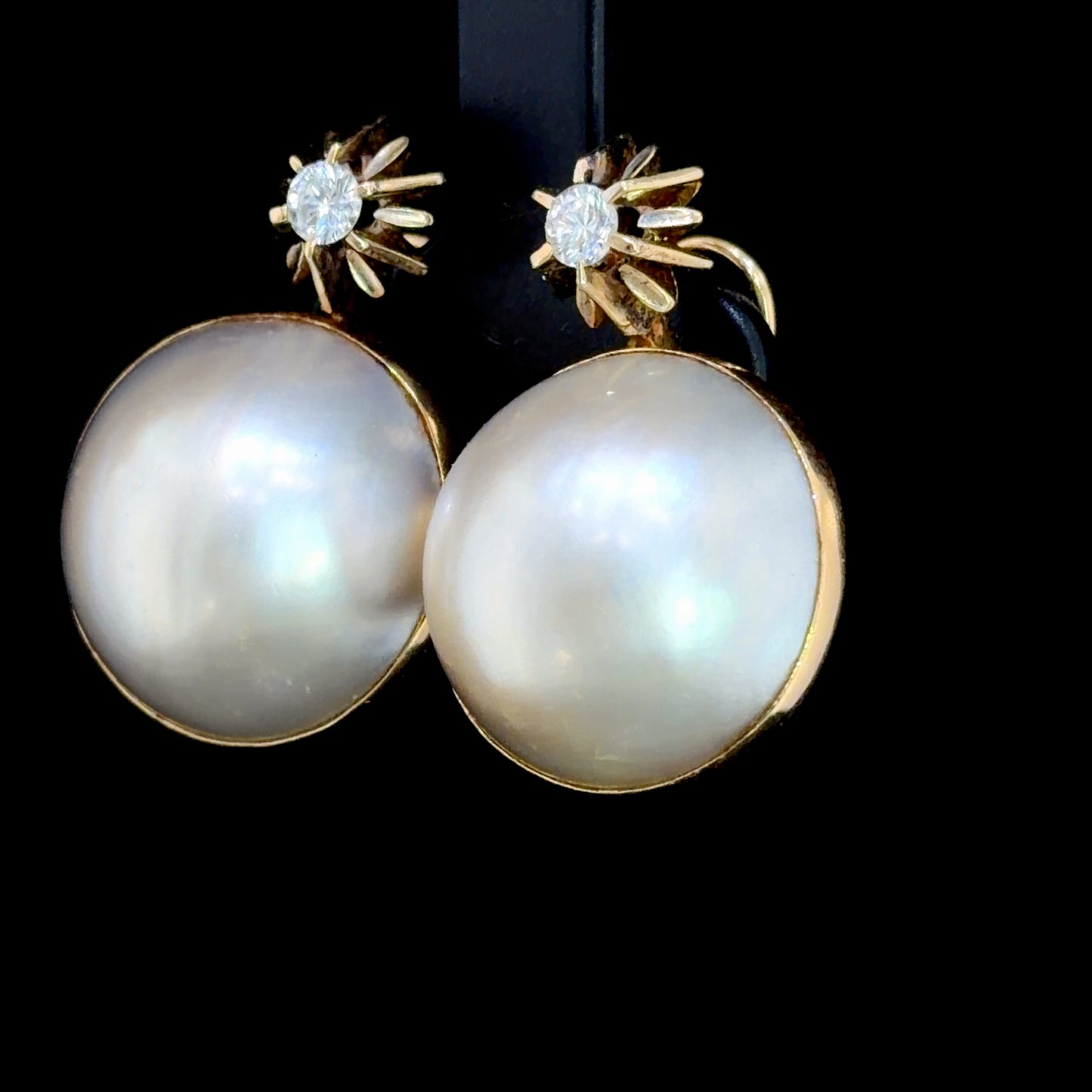 Spectacular Large 18k Yellow Gold MABE Pearl & Diamond Stud Earrings With Omega Clips