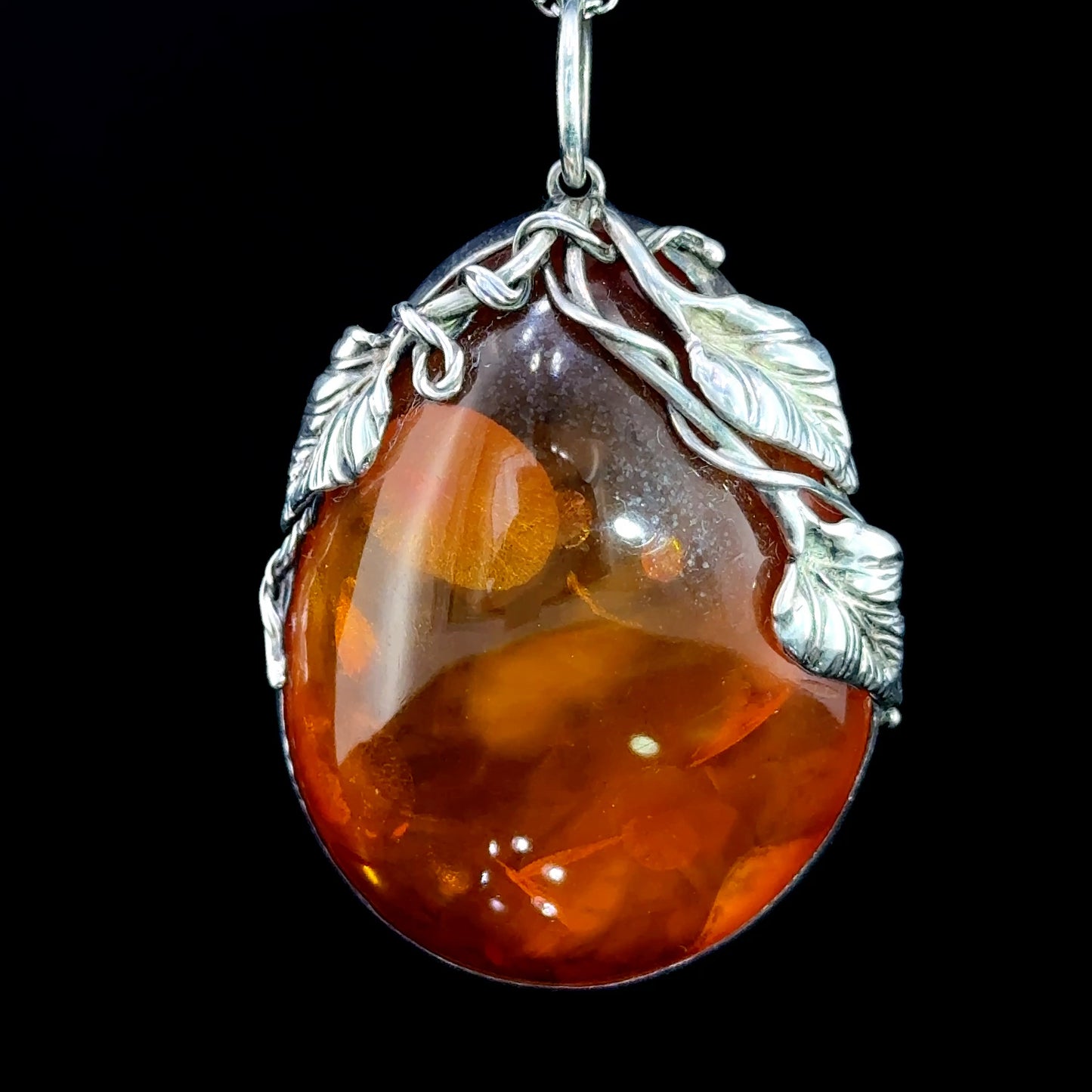 Large Silver Vine Baltic Amber Pendant