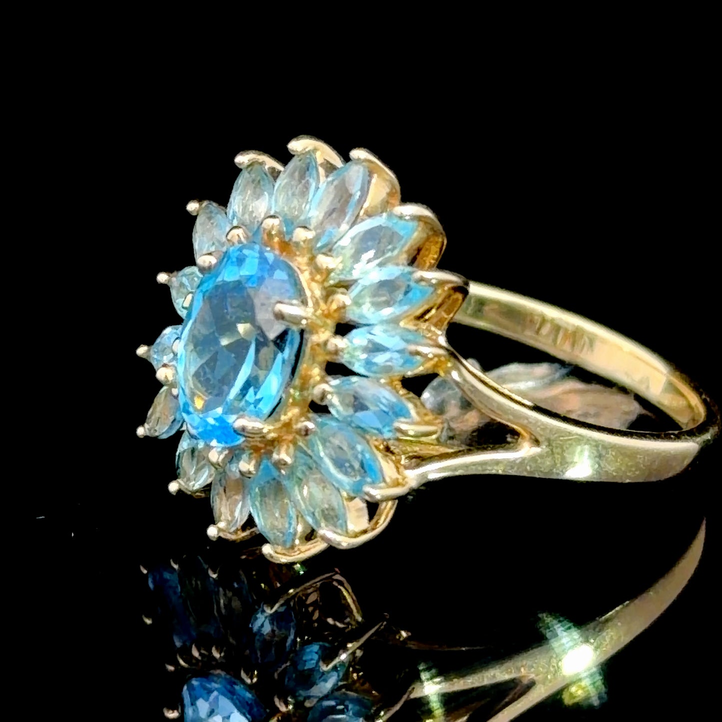 Blue Topaz Floral Cluster Cocktail Ring in 14k Yellow Gold