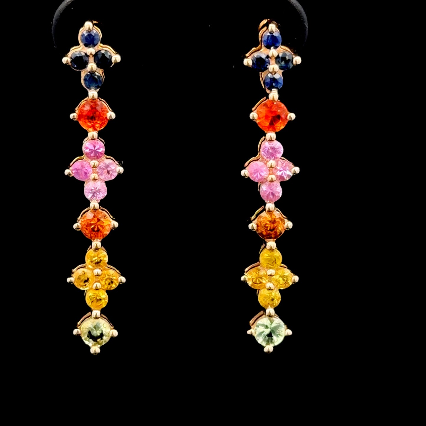 9k Yellow Gold Multi-Coloured Sapphire Graduated Cluster Dangle Earrings.