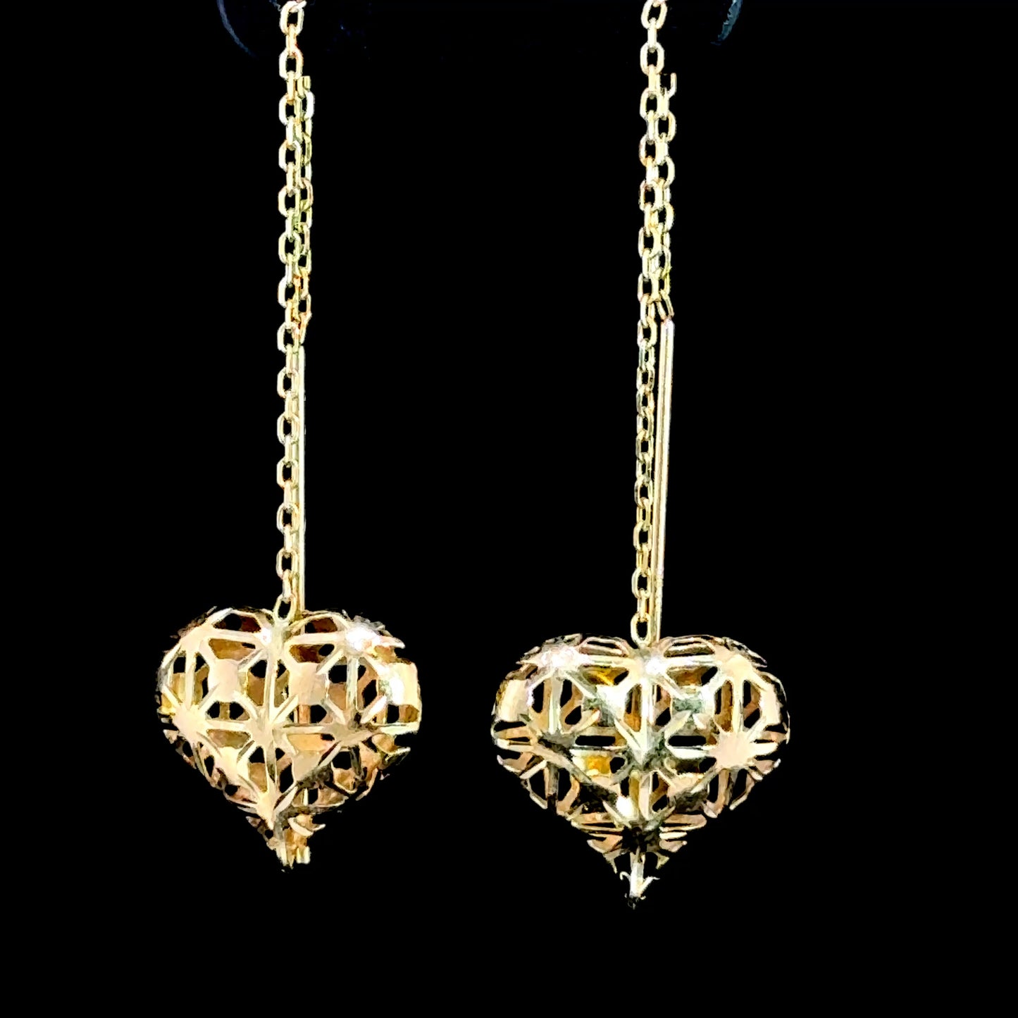 9K Yellow Gold Heart Drop Chain Earrings