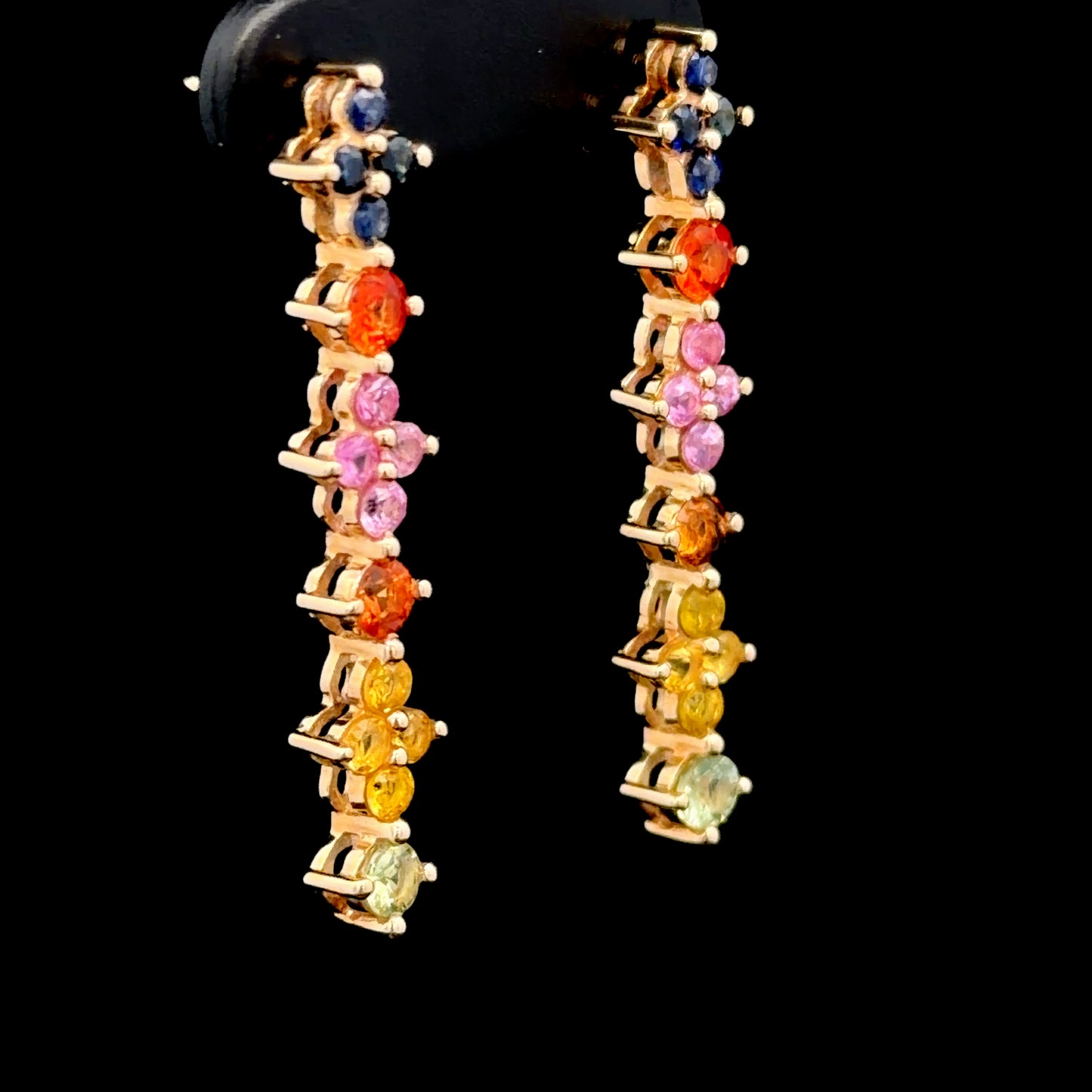 9k Yellow Gold Multi-Coloured Sapphire Graduated Cluster Dangle Earrings.