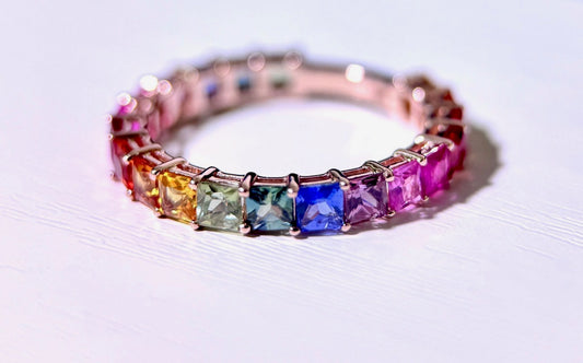 Wonderful 14k Rose Gold Rainbow Sapphire Eternity Ring