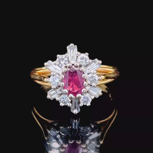 18K Gold Ruby & Diamond Cluster Ring Size G1/2 Can Be Sized
