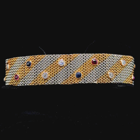 Fabulous 18k Two-Tone Yellow & White Gold Woven Mesh Ruby Diamond & Sapphire Bracelet D:1.2 R:0.6 S:0.6 CTS