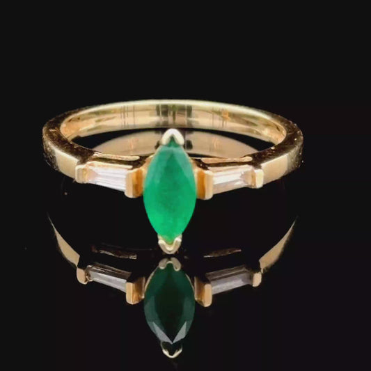 14K Yellow Gold Marquise Emerald & Diamond Ring