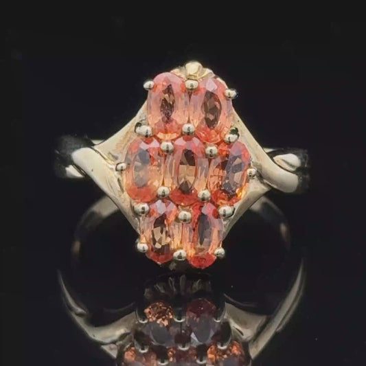 9K Yellow Gold Ring 7 Stone Orange Sapphire Cluster