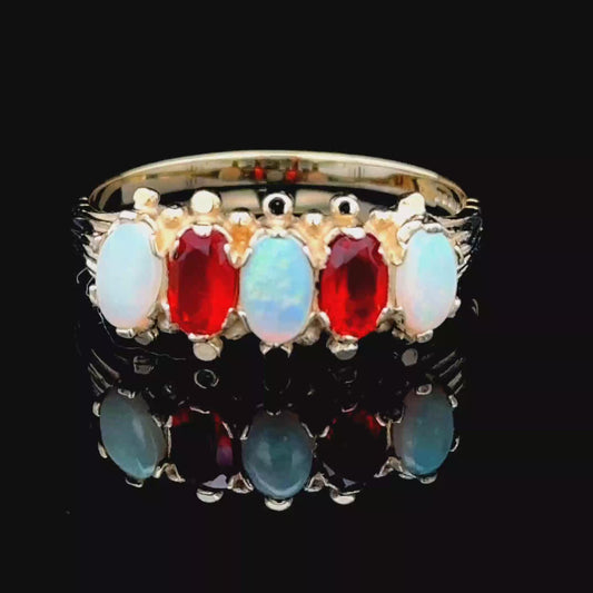 9K Gold opal & Fire Opal 5 Stone Ring Size P1/2