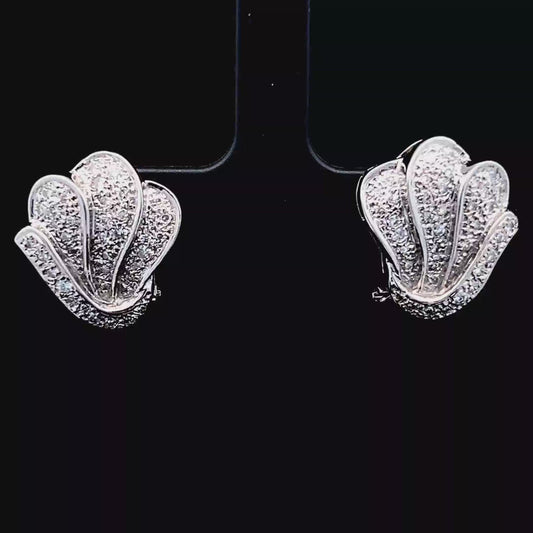9K White Gold Pave Shell Omega Clip Earrings