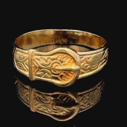 9k Engraved Yellow Gold Buckle Band Ring