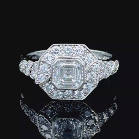 Platinum Square GIA Certificated Asscher Cut Diamond Halo Ring