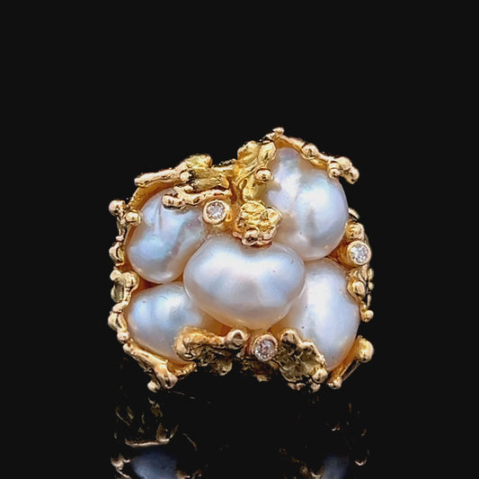 18K Yellow Gold Baroque 5 Pearl & Diamond Dress Ring