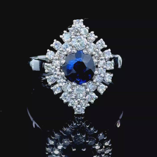 18K White Gold Marquise Shape Diamond & Sapphire Cluster Ring