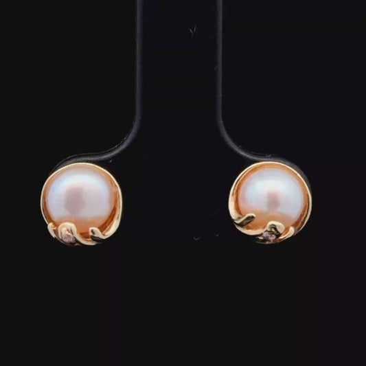 14K Yellow Gold Pink Pearl & Diamond Studs