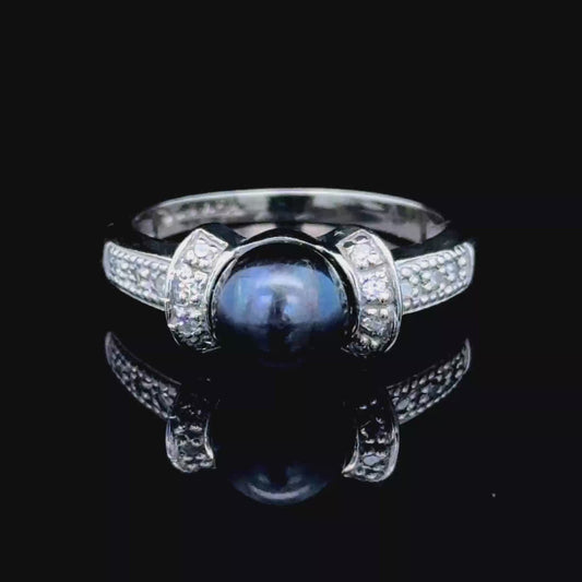 14K.White Gold Ring with Black Pearl & Dimonds Size N