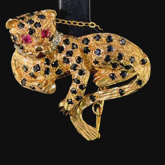 Vintage 9k Yellow Gold Ruby Diamond & Sapphire Brooch In The Form Of A Leopard