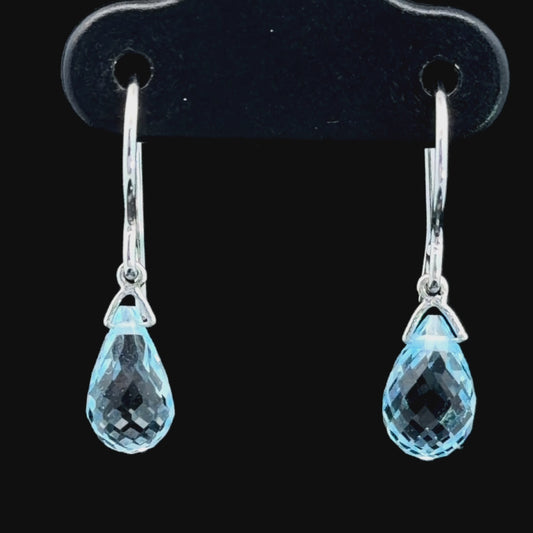 Pretty 9k White Gold & Blue Topaz Briolette Cut Drop Earrings With Hook Backs