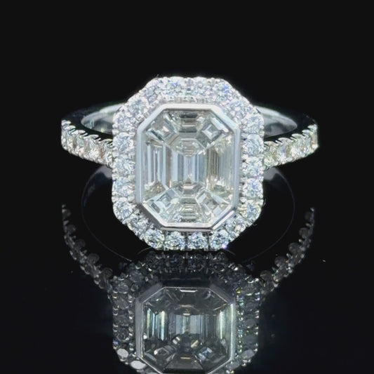 Stunning 18k White Gold Illusion Set Diamond Ring Diamonds To The Halo and Shoulders 1.5Cts (Looks Like 3Cts) RRP £7k