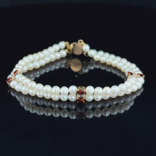 A Very Pretty Double Row Pearl Bracelet Having 14k Yellow Gold Garnet & Diamond Accents & 14k Gold Clasp Part Of The Ronald Charles Collection