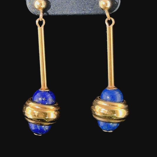 Vintage 9k Yellow Gold Lapis Lazuli Bar Drop Earrings