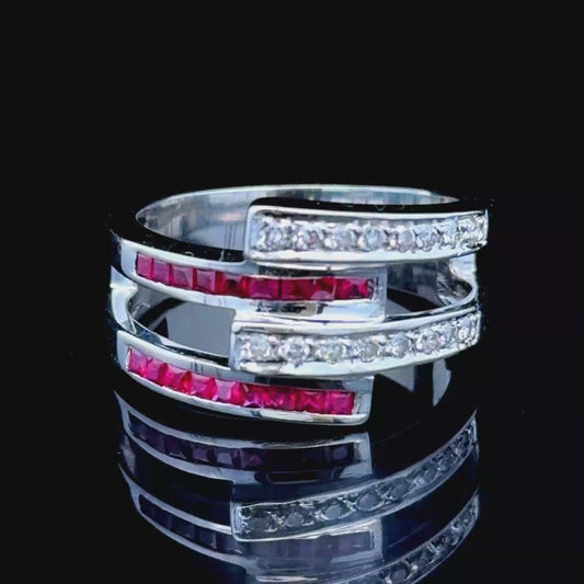 18k White Gold Dual Band Ruby & Diamond Ring Size N