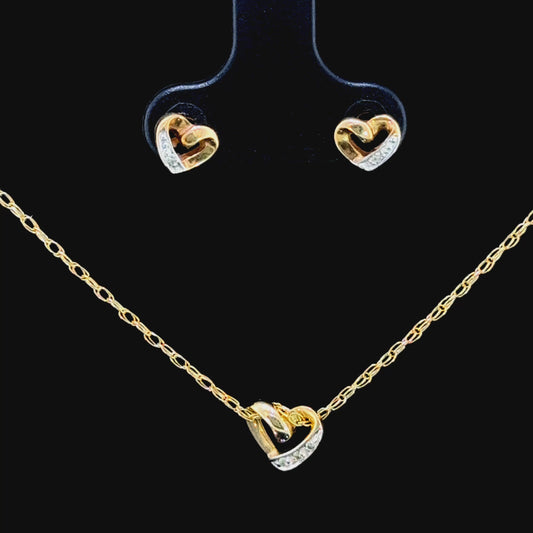 9K Yellow Gold Diamond Heart Pendant & Stud Earrings Set