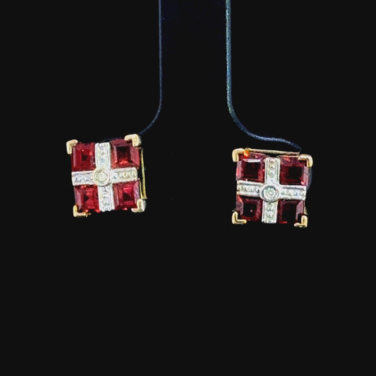 9K Yellow Gold Garnet & Diamond Square Studs