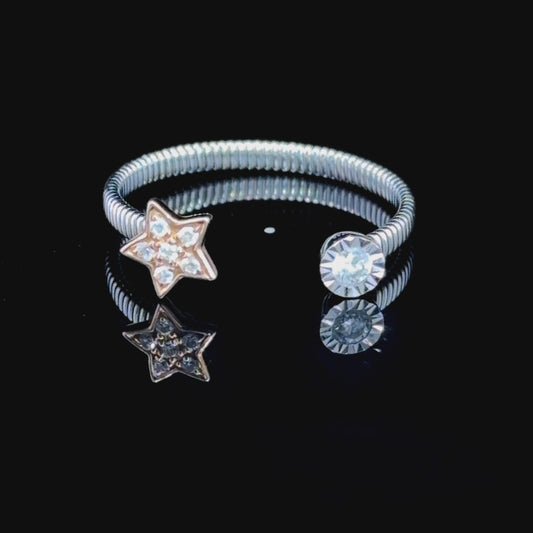 Very Sweet 18k White & Yellow Gold Diamond Moon & Stars Spring Ring Appx 0.1 Cts