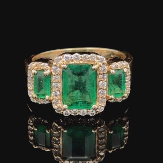 Stunning 14k Yellow Gold Emerald & Diamond Halo Trilogy Ring 2 Cts Emeralds