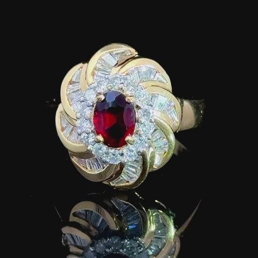 18k Yellow Gold Rhodolite Round & Baguette Diamond Cluster Ring Appx 1.0cts