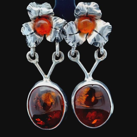 Silver Baltic Amber Flower Drop Earrings