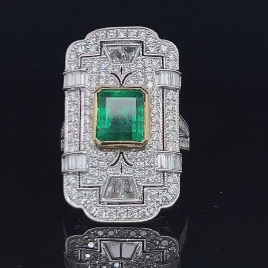 Spectacular 18k White Gold Diamond & Muzo Emerald Deco Style Ring Dia 2.0 Cts Emerald 2.0 Cts With Safeguard certification.