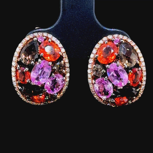 9K Rose Gold Amethyst, Citrine& Smokey Quartz Outlined with Diamonds Clip Earrings