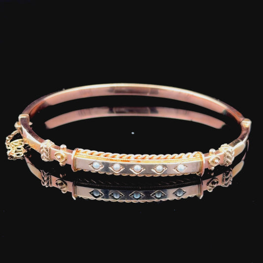9k Rose Gold & Pearl Edwardian Bangle Rope Twist Design with Safety Chain