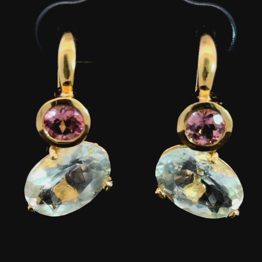 Stunning 18k Yellow Gold Aquamarine & Pink Tourmaline Hinged Lever Back Continental Clip Earrings (We Have the Matching Ring Code 8556)