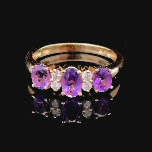 Lovely Traditional Amethyst & Diamond 3 stone Ring Set in 14k Yellow Gold