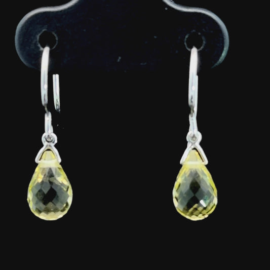 Pretty 9k White Gold Lemon Quartz Briolette Cut Drop Earrings With Shepherds  Hook Back