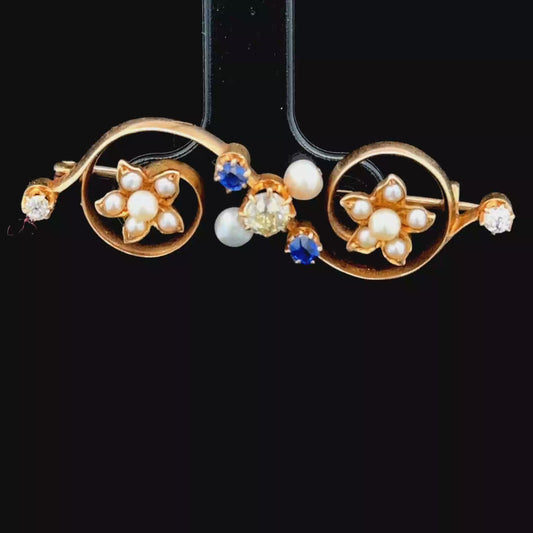 14K Yellow Gold Diamond, Sapphire & Pearl Brooch