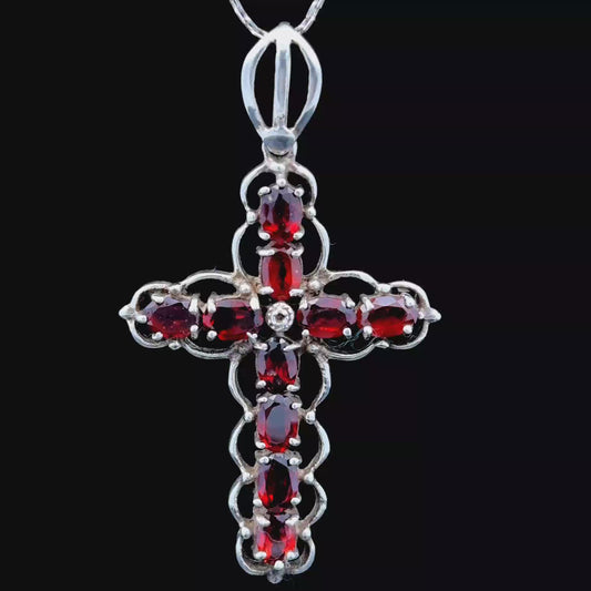 Silver & Garnet Cross & Chain