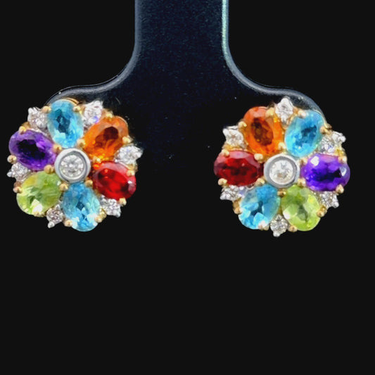 18k Yellow Gold Multicolour Sapphire Flower Stud Earrings
