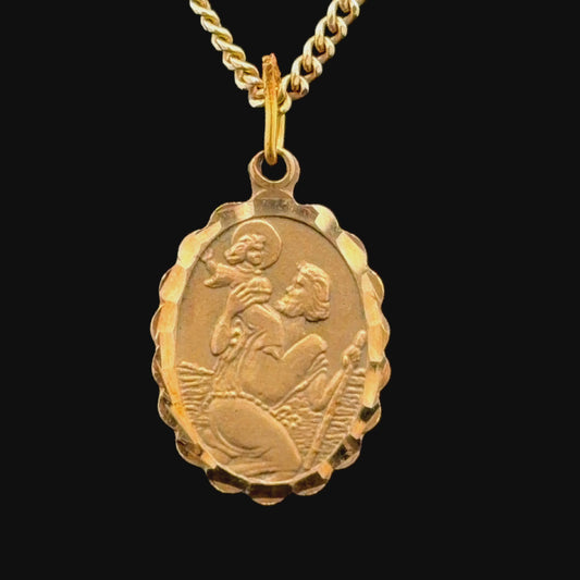 9k Yellow Gold Saint Christopher Pendant Necklace with Scalloped Edge