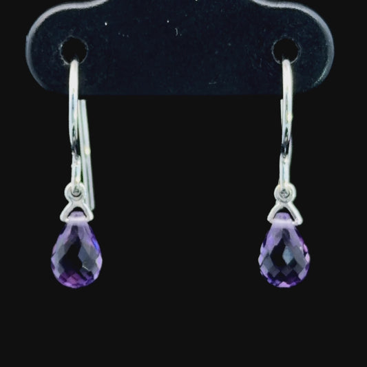 Sweet 9k White Gold Amethyst Briolette Cut Drop Earrings With A Hook Back