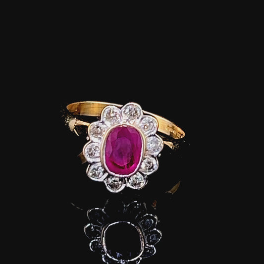 18K Yellow Gold Ruby & Diamond Cluster Ring